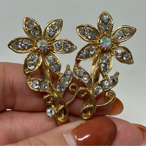 Set of 4 Floral Rhinestone Hair Bobby Pins Leaves Aurora Borealis Sparkle Beads - Picture 2 of 7